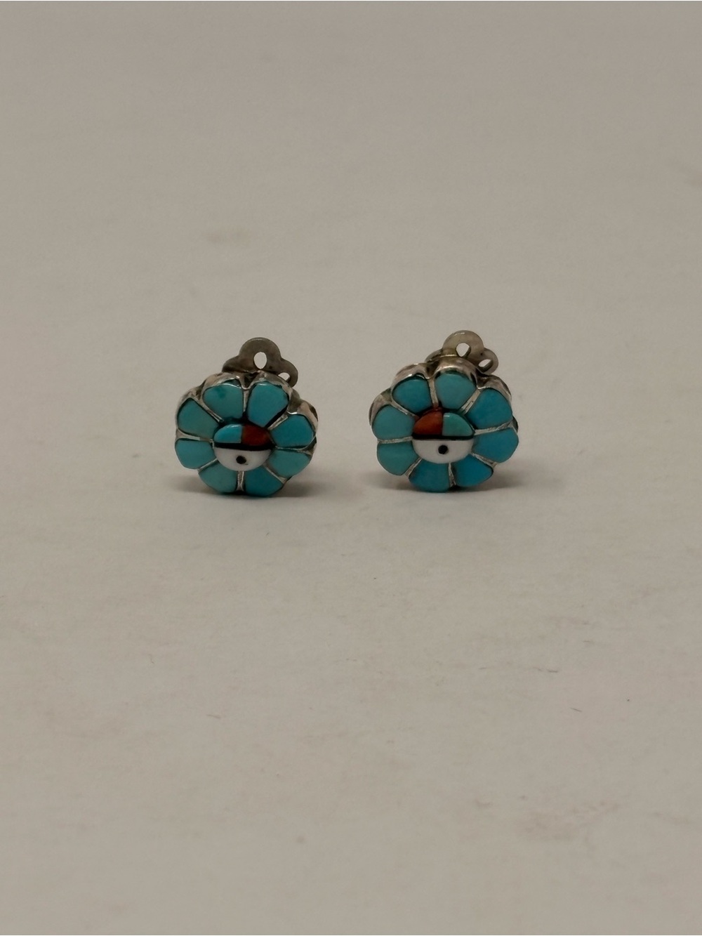 Vintage Zuni Turquoise Sunface Inlay Clip On Earrings